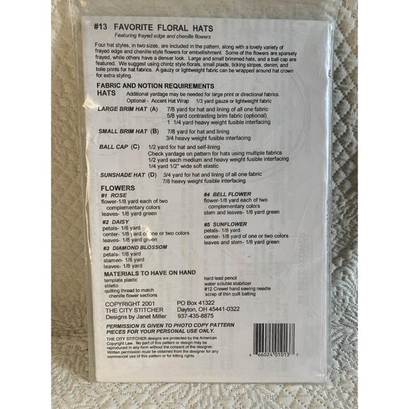 The City Stitcher Favorite Floral Hats Pattern #13 - uncut - Picture 3 of 9